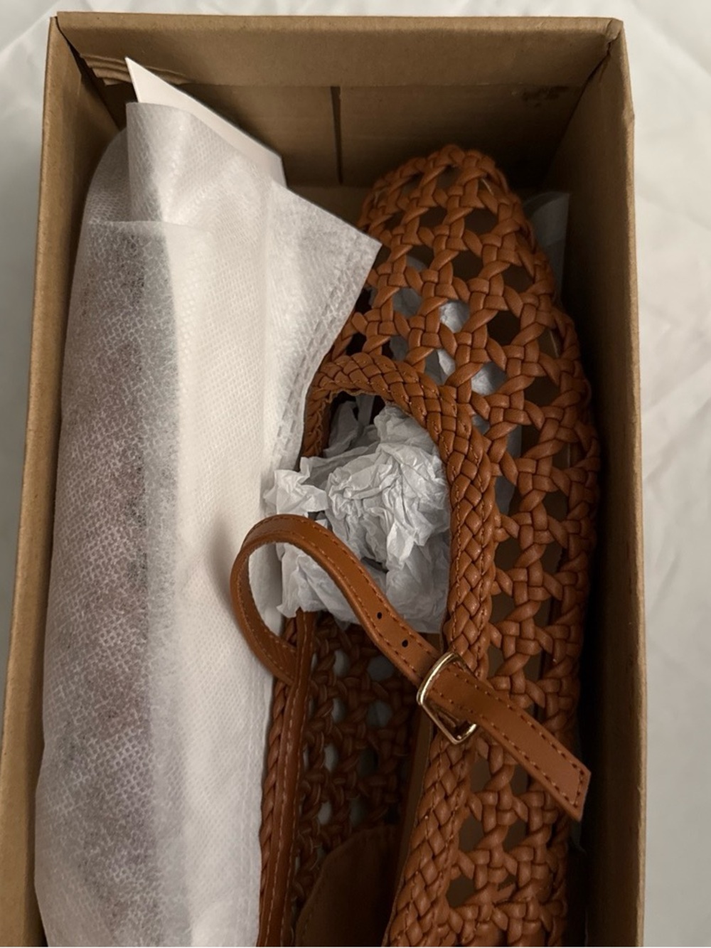 Woven Mary Jane Flat in Tan with Adjustable Buckle - Brand New